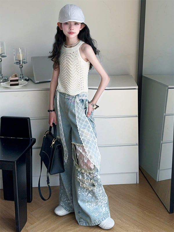Детски летен двучастен комплект за момичета в корейски стил: безръкавно елече с дантела и изрязани детайли, разкъсани дънки, полиестерова тъкан 30%