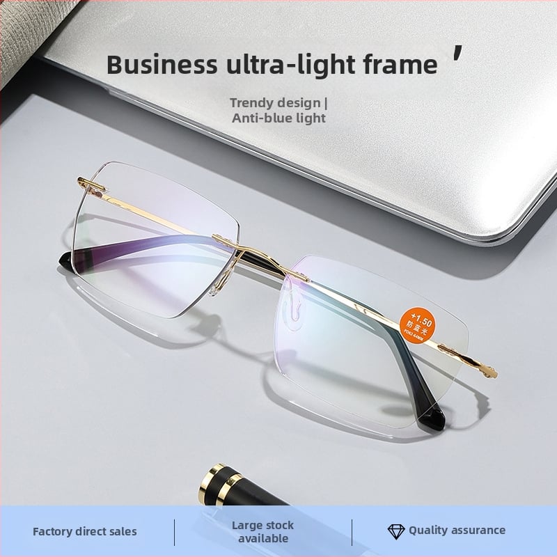 Γυαλιά ανάγνωσης χωρίς πλαίσιο, μεταλλικός σκελετός, αντι-μπλε φως, HD καθαρότητα, άνετα, κατάλληλα για τετράγωνο πρόσωπο