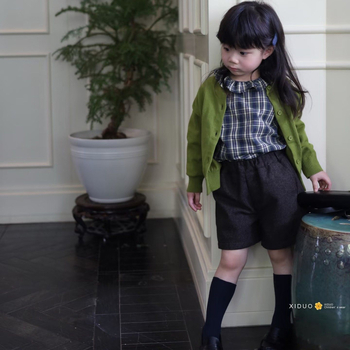 Детски тричаст костюм за момичета – каре Corduroy с пух, дълги ръкави, пролет 2025