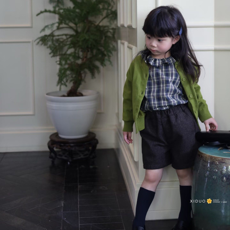 Детски тричаст костюм за момичета – каре Corduroy с пух, дълги ръкави, пролет 2025