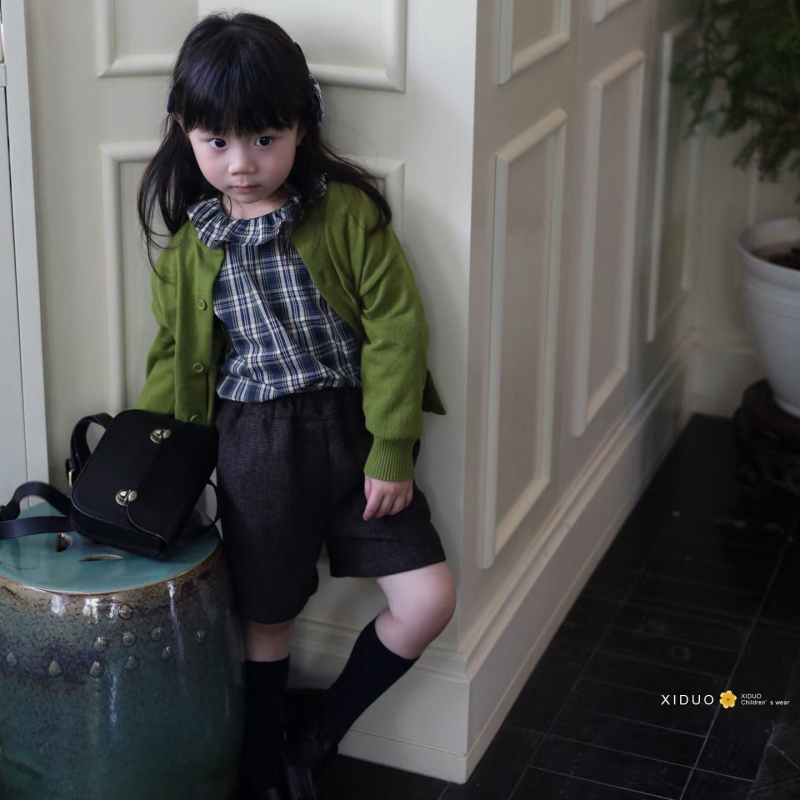 Детски тричаст костюм за момичета – каре Corduroy с пух, дълги ръкави, пролет 2025