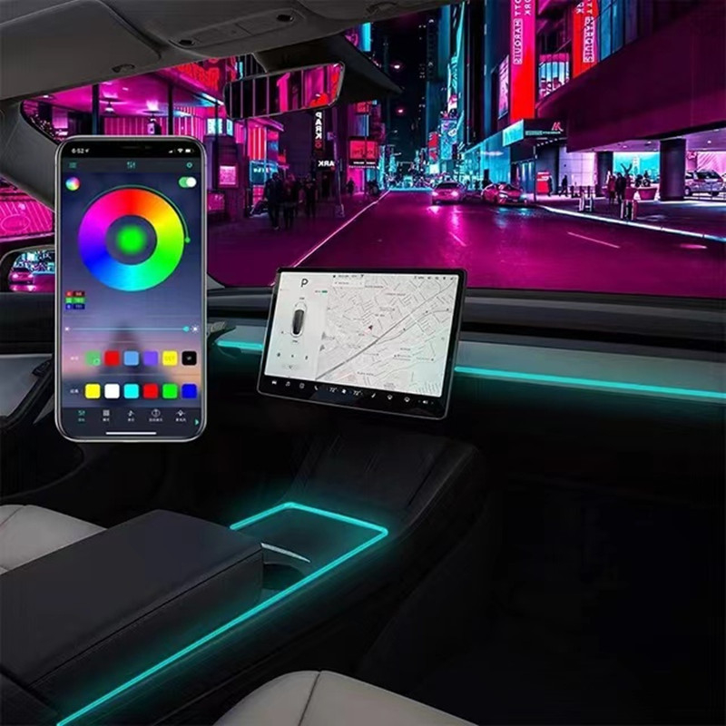 Tesla Model 3/Y središnja konzola – ambijentalno osvjetljenje uz upravljanje putem aplikacije, RGB LED, aluminijska legura