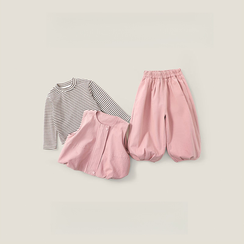 Тричастен детски костюм за есен в корейски стил, rayon плат, модел на райета, дълги ръкави