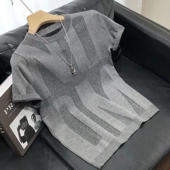 Muški poliester T-shirt s prugama, slobodan kroj, okrugli izrez, kratkih rukava
