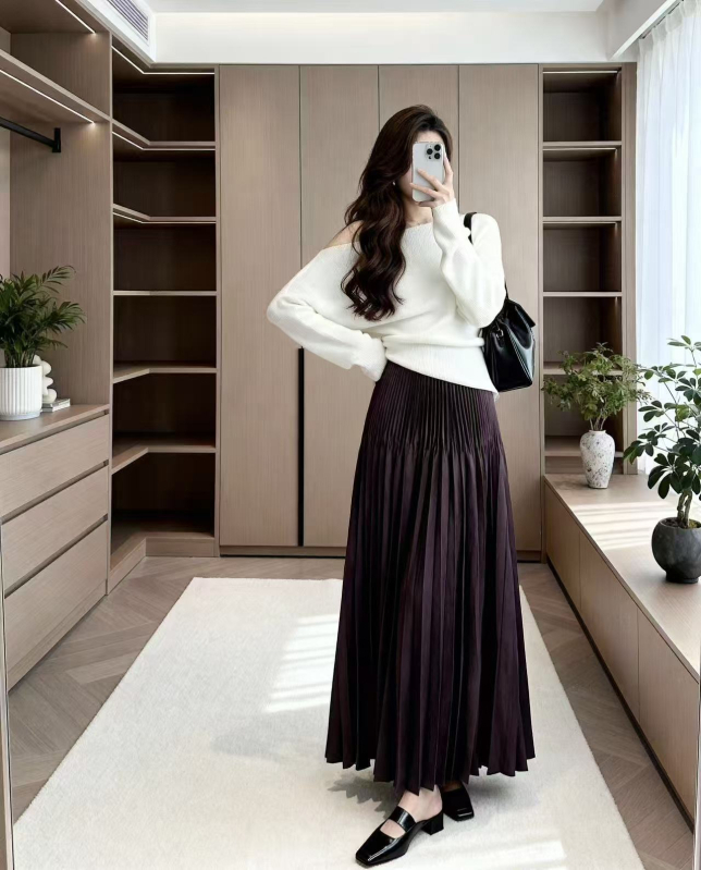 Midi suknja - Jednobojna šifon, 95% poliester, dugačak kroj, elegantan uredski stil