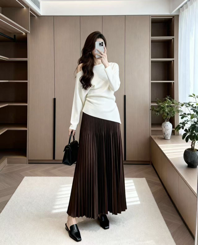 Midi suknja - Jednobojna šifon, 95% poliester, dugačak kroj, elegantan uredski stil
