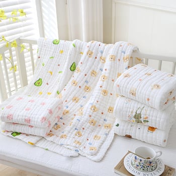 Csecsemő 12 réteg géz fürdőtörölköző – pamut, seersucker, rajzolt minta, 400–500 g