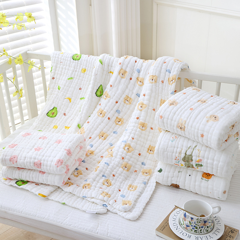 Csecsemő 12 réteg géz fürdőtörölköző – pamut, seersucker, rajzolt minta, 400–500 g