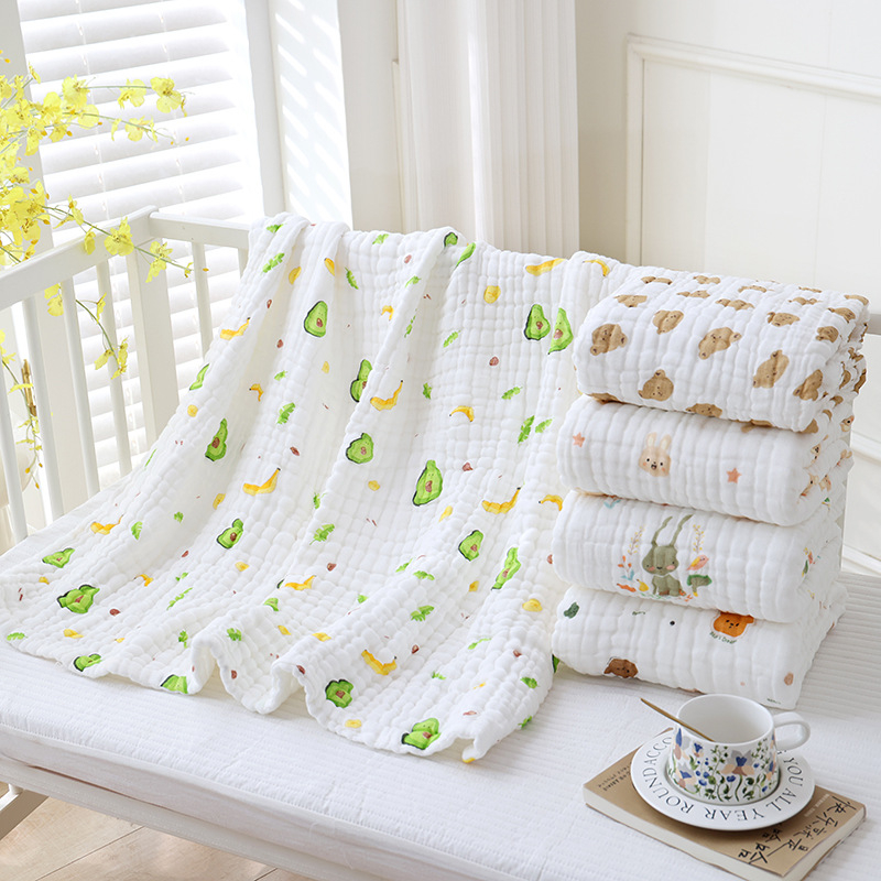 Csecsemő 12 réteg géz fürdőtörölköző – pamut, seersucker, rajzolt minta, 400–500 g