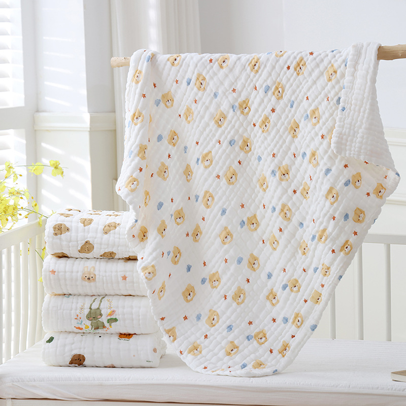 Csecsemő 12 réteg géz fürdőtörölköző – pamut, seersucker, rajzolt minta, 400–500 g