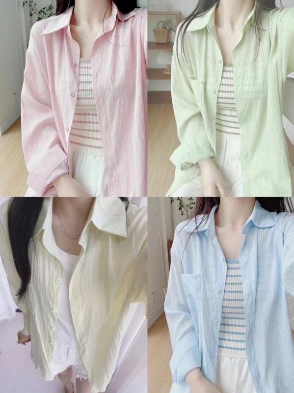 Cămașă din material Ice Silk, mâneci lungi, guler polo, amestec poliester-nylon