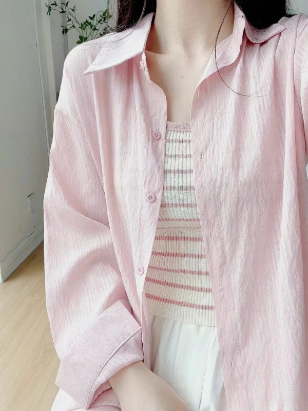 Cămașă din material Ice Silk, mâneci lungi, guler polo, amestec poliester-nylon