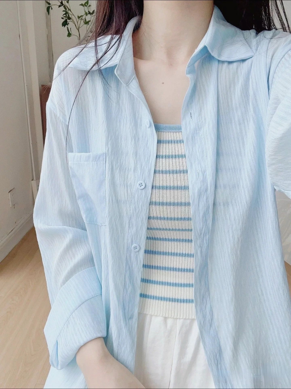 Cămașă din material Ice Silk, mâneci lungi, guler polo, amestec poliester-nylon