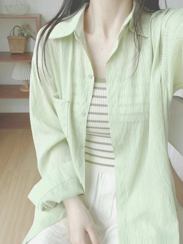 Cămașă din material Ice Silk, mâneci lungi, guler polo, amestec poliester-nylon