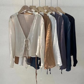 Női ramie-konop keverékű ing kínai stílusban, hosszú ujjak, V-nyakú, kötős záródás, rövid hosszúság