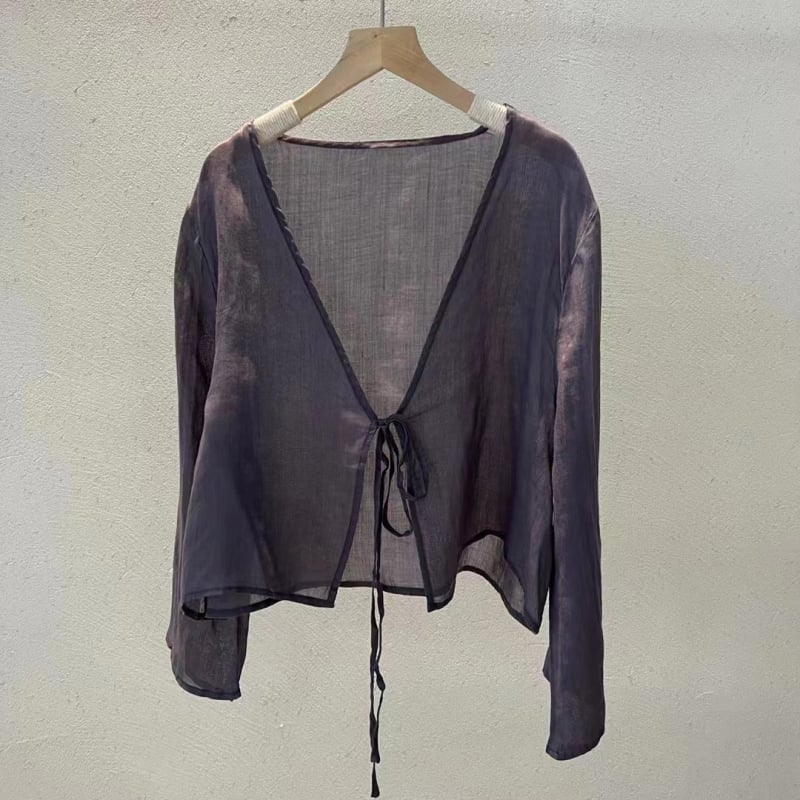 Női ramie-konop keverékű ing kínai stílusban, hosszú ujjak, V-nyakú, kötős záródás, rövid hosszúság