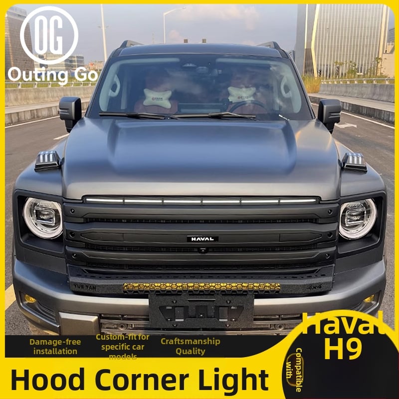 Accesoriu exterior decorativ de iluminare pentru Haval H9 – model cu grilă de iluminare, ABS; iluminare capac motor, semnal de viraj în flux, far de zi