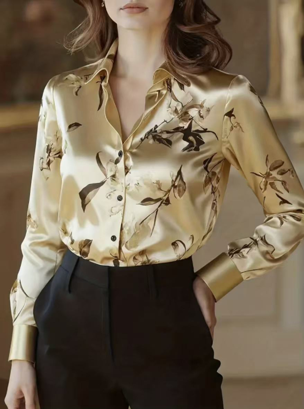 Košulja s dugim rukavima, print, ovratnik košulje, srednja duljina, poliester, elegantan gradski stil