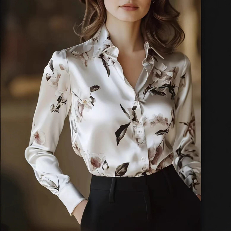Košulja s dugim rukavima, print, ovratnik košulje, srednja duljina, poliester, elegantan gradski stil