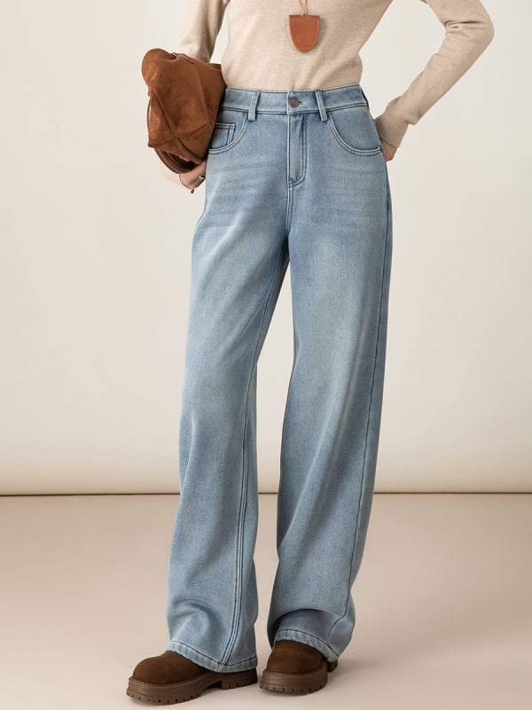 Ženske farmerice s flisom, visokog struka, ravni kroj, denim s 30-50% poliestera, zima 2025