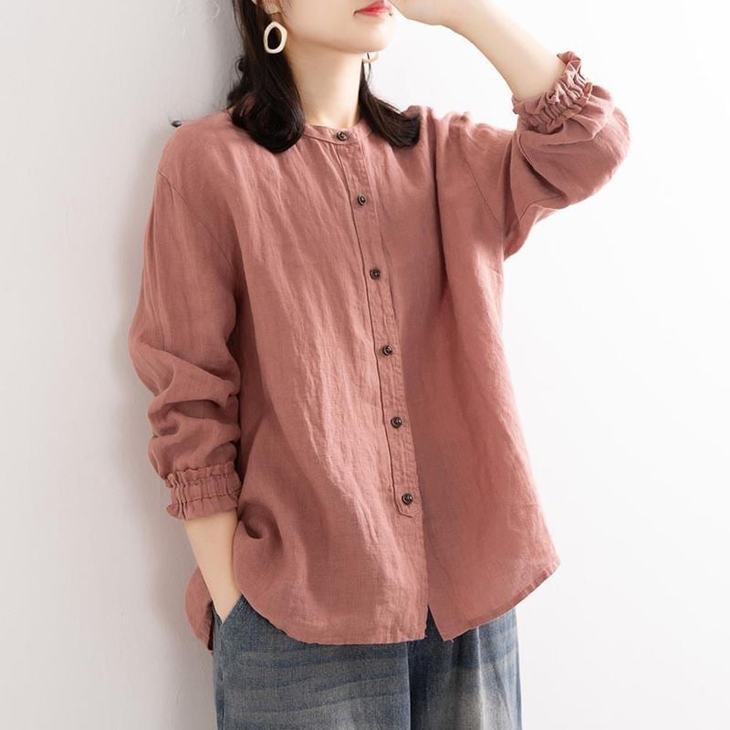 Bluza od pamuk-linen, književno retro stil, okrugli ovratnik, dugi rukavi, široka silueta