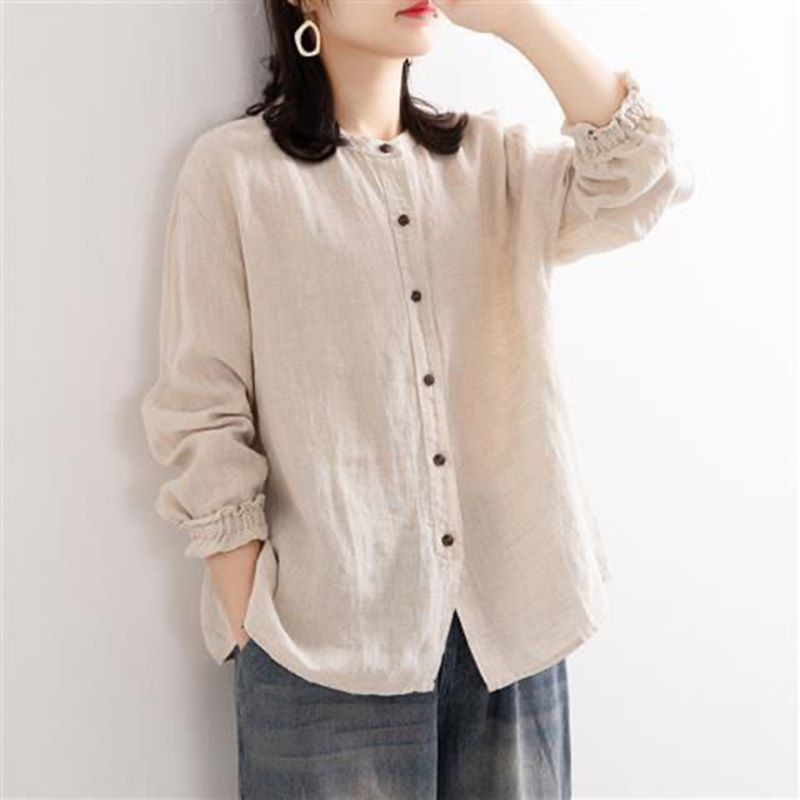 Bluza od pamuk-linen, književno retro stil, okrugli ovratnik, dugi rukavi, široka silueta