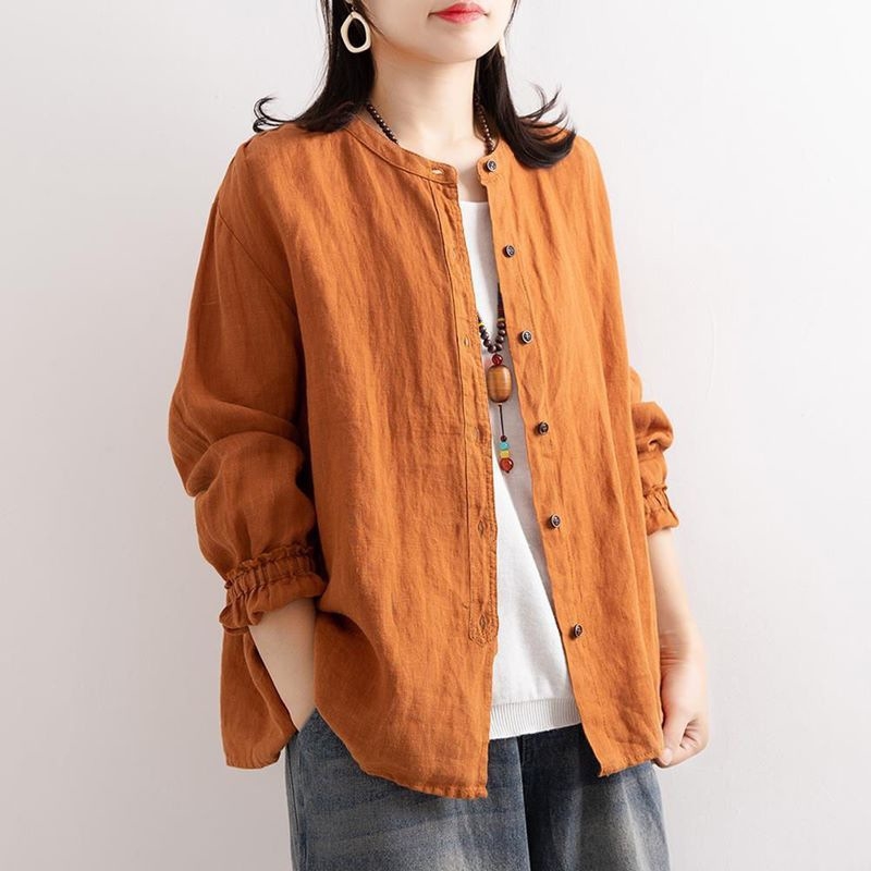 Bluza od pamuk-linen, književno retro stil, okrugli ovratnik, dugi rukavi, široka silueta