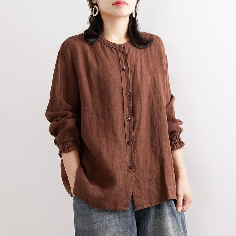 Bluza od pamuk-linen, književno retro stil, okrugli ovratnik, dugi rukavi, široka silueta