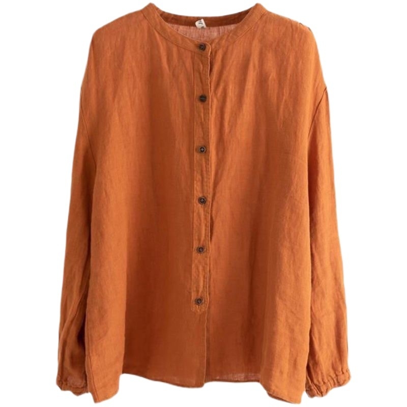 Bluza od pamuk-linen, književno retro stil, okrugli ovratnik, dugi rukavi, široka silueta