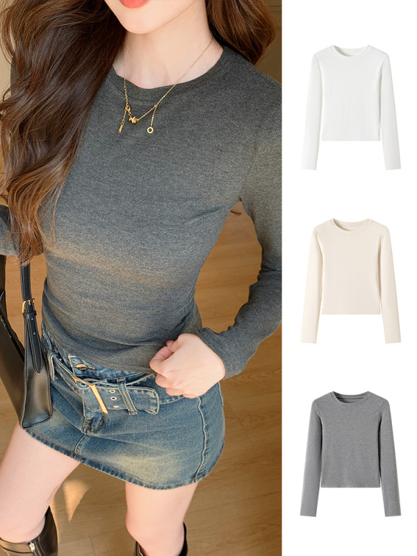 H583 Ženska slim fit majica s dugim rukavima, okrugli izrez, jednobojna viskoza, casual stil, proljeće 2025
