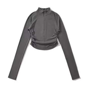 Cipzáros szűk fazonú T-shirt félmagas gallérral, hosszú ujjú, kötött pamut anyag 90–95%