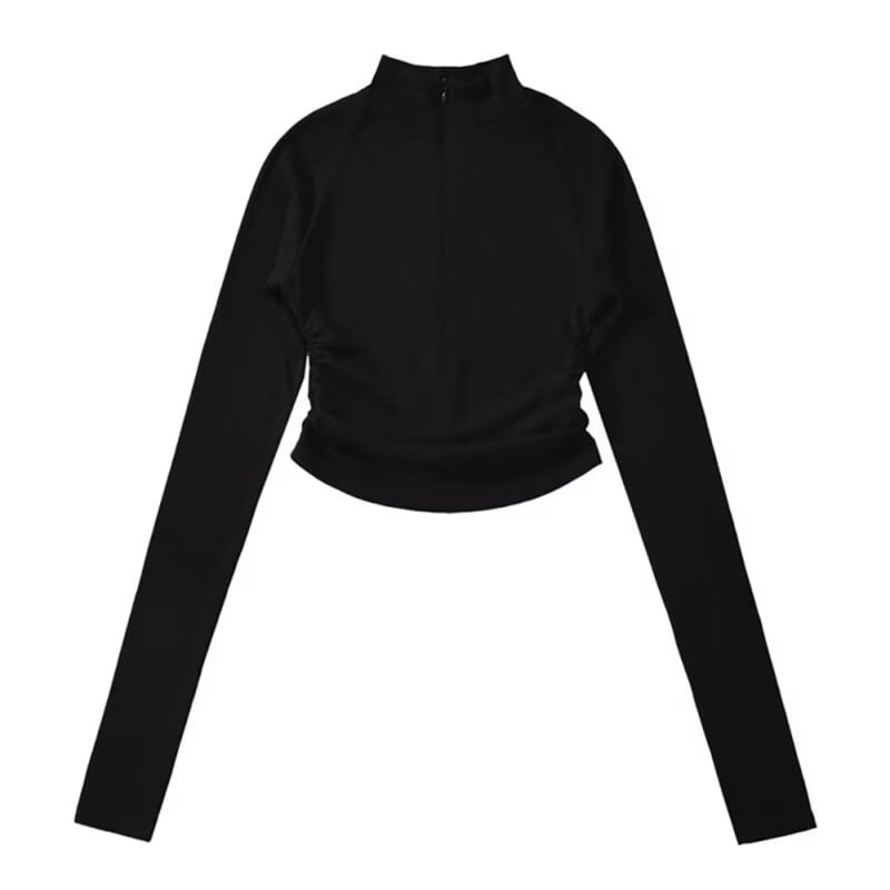 Cipzáros szűk fazonú T-shirt félmagas gallérral, hosszú ujjú, kötött pamut anyag 90–95%