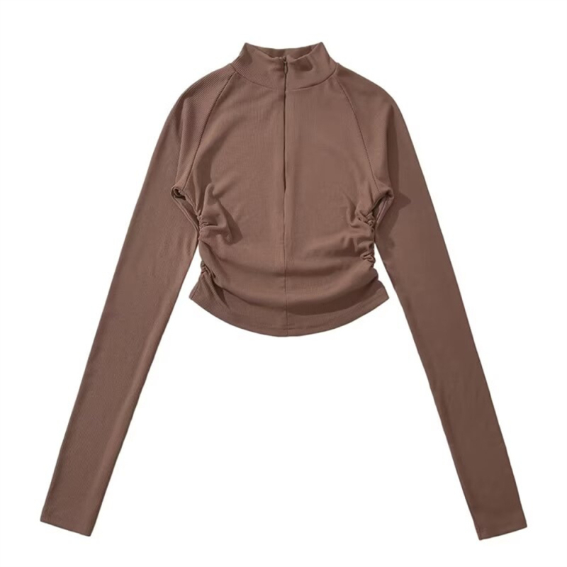 Cipzáros szűk fazonú T-shirt félmagas gallérral, hosszú ujjú, kötött pamut anyag 90–95%