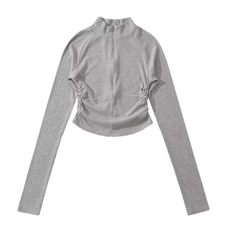 Cipzáros szűk fazonú T-shirt félmagas gallérral, hosszú ujjú, kötött pamut anyag 90–95%