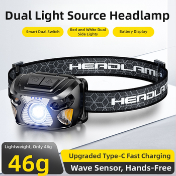 LED szenzoros fejlámpa hosszú üzemidejű akkumulátorral, USB töltéssel, 5W LED, 800 mAh akkumulátor, ideális horgászathoz, kirándulásokhoz és szabadban kerékpározáshoz