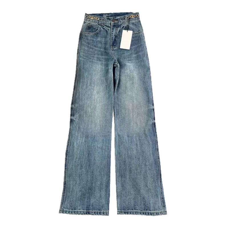 Női farmer nadrág denim anyagból, Arc de Triomphe motívummal, egyenes szabású, magas derék, fém lánc részlet, tie-dye mintázat