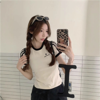 Ženski T-shirt u korejskom stilu, slim-fit (kratki rukavi, okrugli izrez, tisak, 50-70% pamuk)