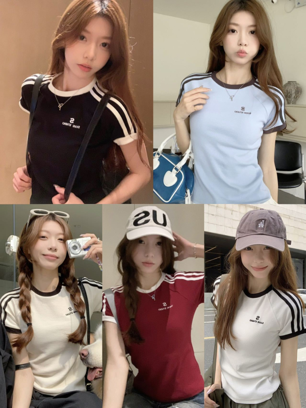 Ženski T-shirt u korejskom stilu, slim-fit (kratki rukavi, okrugli izrez, tisak, 50-70% pamuk)