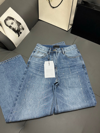Traperice ravnog kroja, visokim strukom, denim pamuk, mikroelastičnost, hotfix kristali