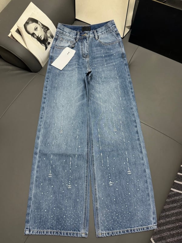 Traperice ravnog kroja, visokim strukom, denim pamuk, mikroelastičnost, hotfix kristali