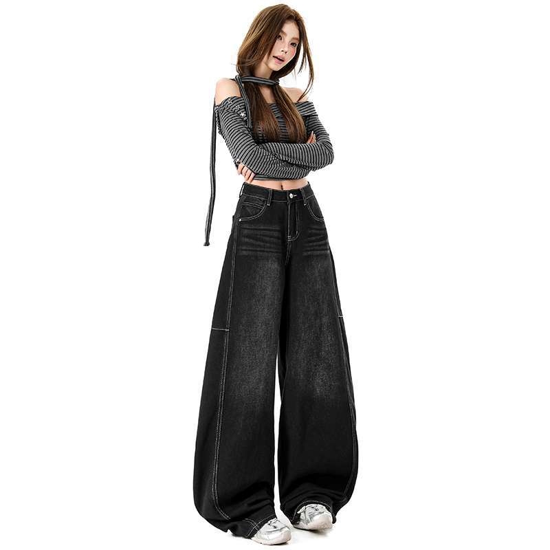 Slobodno krojene traperice s distressed detaljima, denim 80-90% pamuka s poliestrom, visoki ili srednji pojas, japansko-korejski ležerni stil