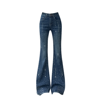 Ženske traperice s kristalima i zvonastim krojem, visokim strukom, elastični pamuk-denim, mikro zvon