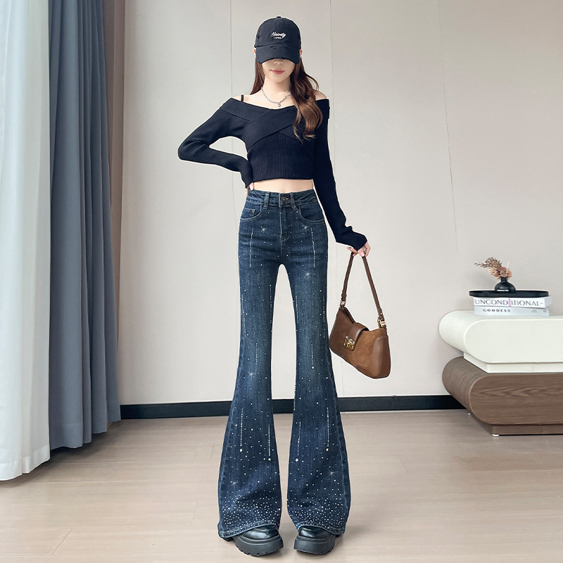 Ženske traperice s kristalima i zvonastim krojem, visokim strukom, elastični pamuk-denim, mikro zvon