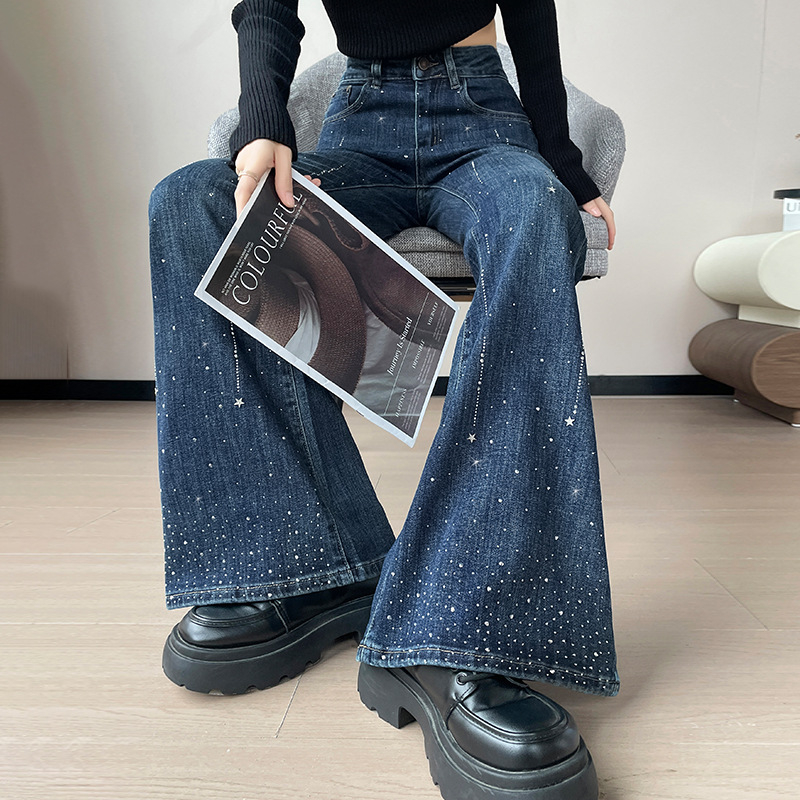 Ženske traperice s kristalima i zvonastim krojem, visokim strukom, elastični pamuk-denim, mikro zvon
