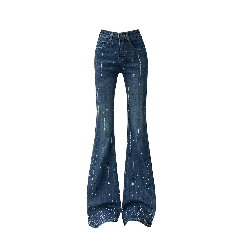 Ženske traperice s kristalima i zvonastim krojem, visokim strukom, elastični pamuk-denim, mikro zvon