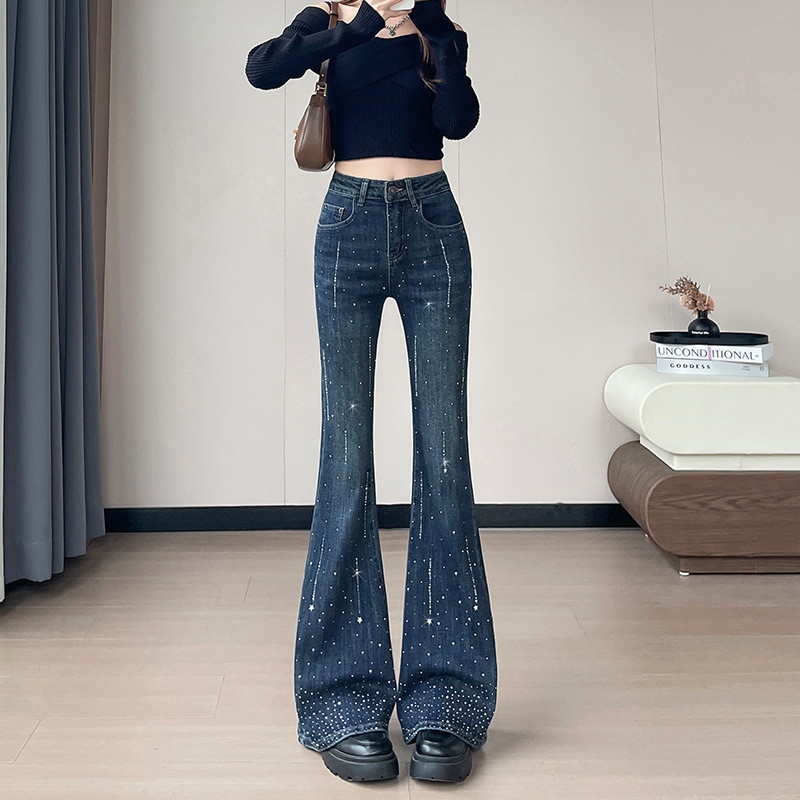Ženske traperice s kristalima i zvonastim krojem, visokim strukom, elastični pamuk-denim, mikro zvon