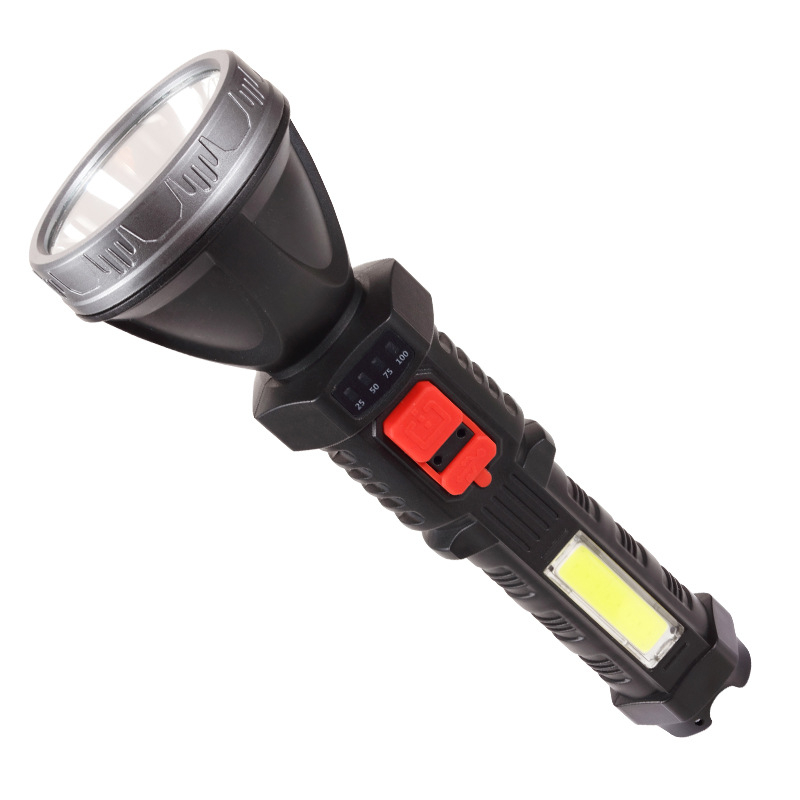 LED baterijska svjetiljka za vanjsku upotrebu, USB punjenje, ručno pokretanje, ABS kućište, dvostruka namjena (radno i traženje), domet 100–200 m
