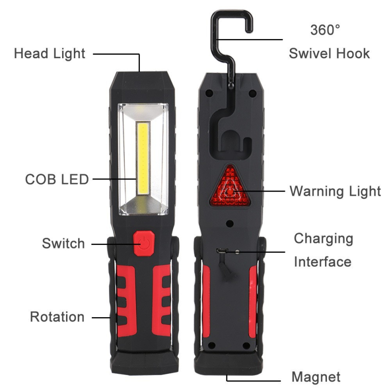 COB+1 radna lampica USB punjenje, 1800mAh, 10W, 360° rotacija, uključeno punjač, domet ispod 50 m