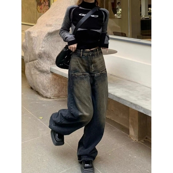 Ženske traperice od denima, visoki pojas, široke nogavice, 95% pamuka, vintage gradski stil