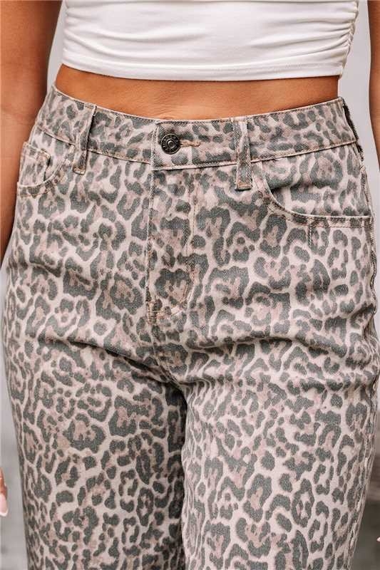 Ženske traperice visokog struka s leopard uzorkom, poderani rubovi, ravni kroj, denim od pamuka i poliestera